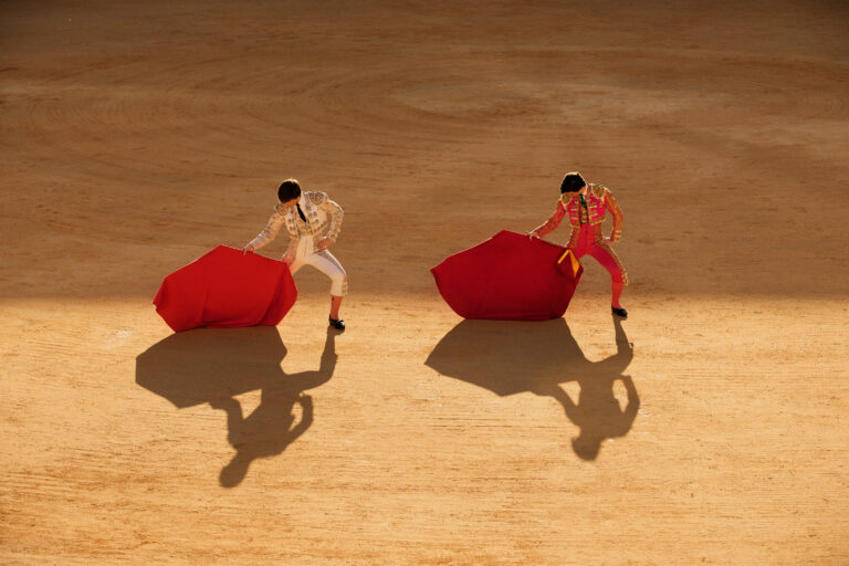 Manuel and Antonio, two young trainee Matadors practise with the Muleta in Malaga bullfighting ring. 2nd March 2023. Photo by Owen Harvey