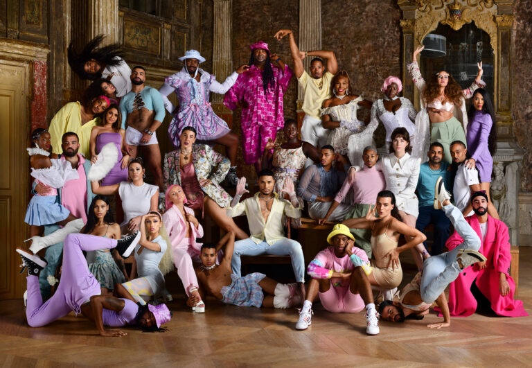 Vogue House:
A family portrait of the House of Gorgeous Gucci. A 'Vogue House' is a group of people united in family-style support networks under a 'mother' or a 'father'. Houses compete together at Voguing events as part of the Ballroom Scene, an African-American and Latino underground subculture originating in New York City that celebrates and prioritises LGBTQIA+ people of colour. This Vogue House was photographed in Paris, the night before a grand Ball, in October 2021.